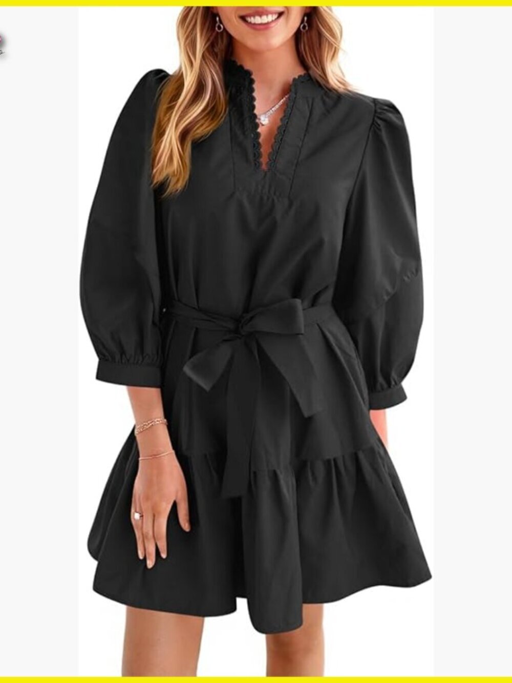 Puff Sleeve Mini Dress V-Neck Tiered Ruffle A-Line Casual Chic Oversized Fit